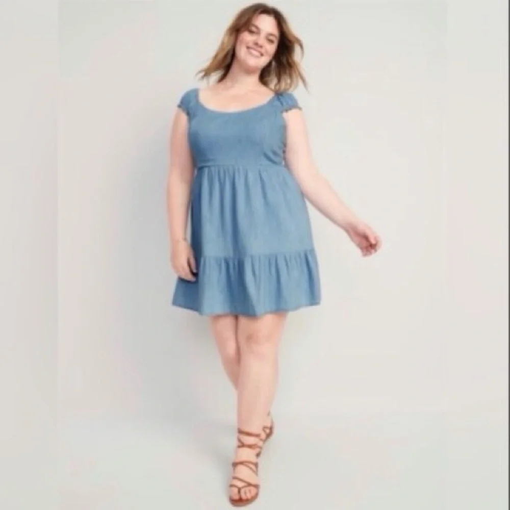 Old Navy Fit & Flare Puff-Sleeve Smocked Jean Mini Dress